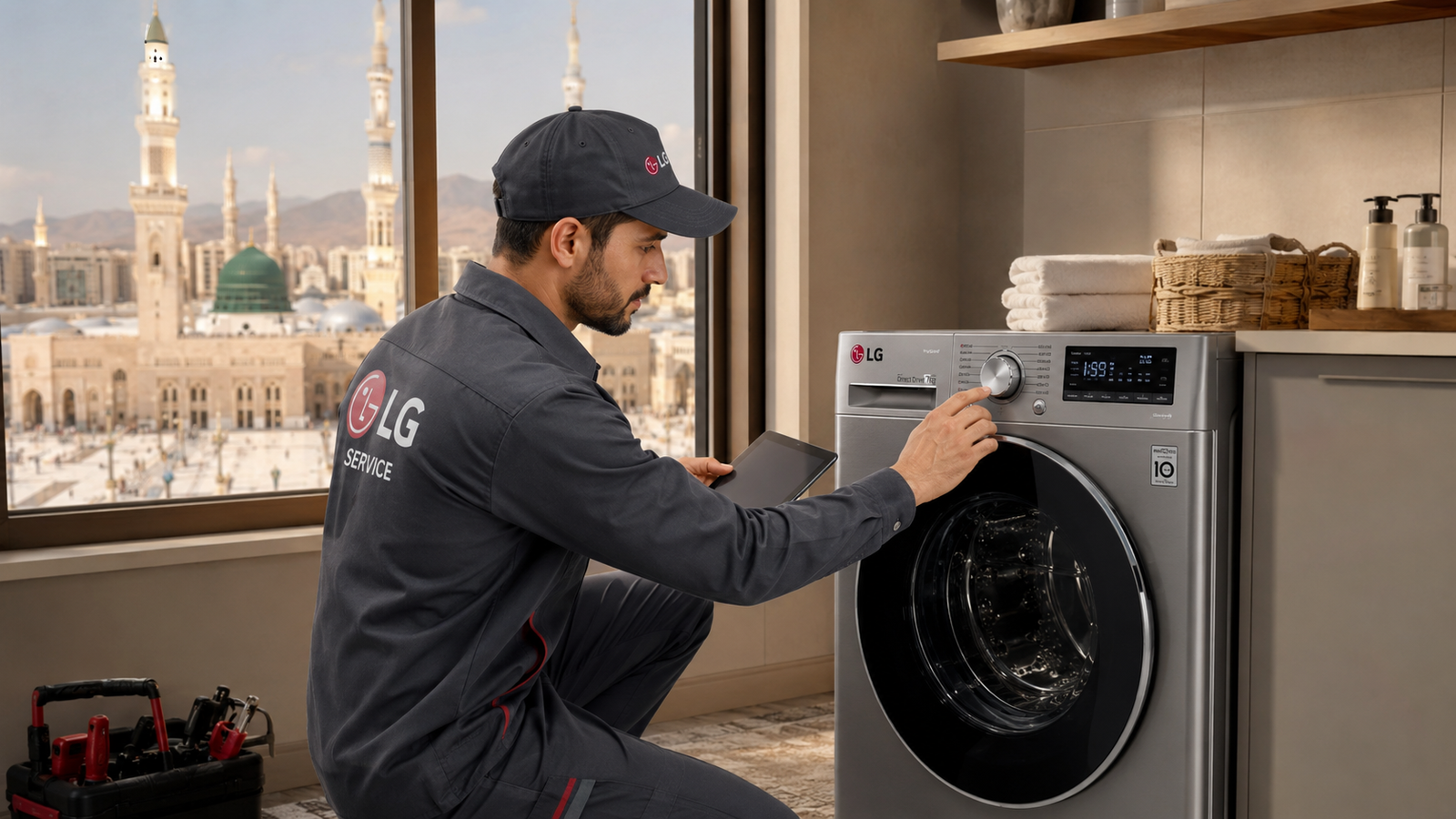 فني صيانة متخصص يقوم بإصلاح غسالة LG داخل منزل في المدينة المنورة باستخدام جهاز لوحي لفحص لوحة التحكم الرقمية مع ظهور معالم المدينة في الخلفية.